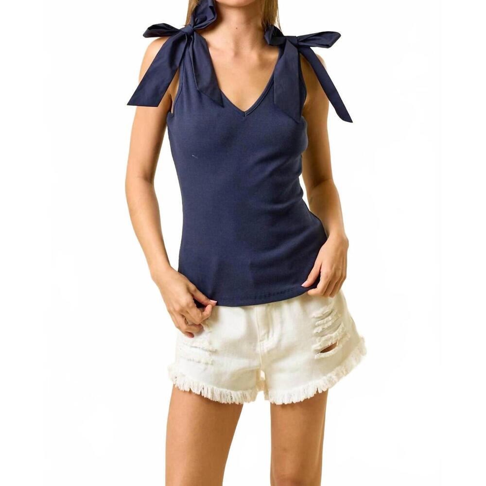 NEW DOE AND RAE ribbed v-neck bow tie tank top in navy